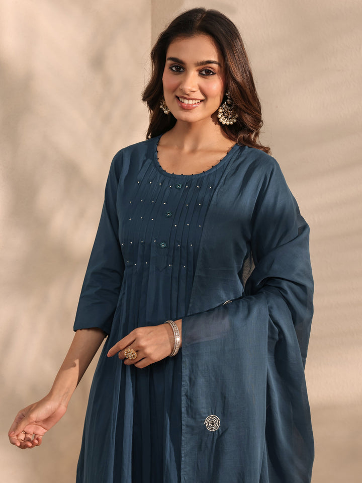 Teal Solid Embroidered Cotton A-Line Suit Set With Dupatta