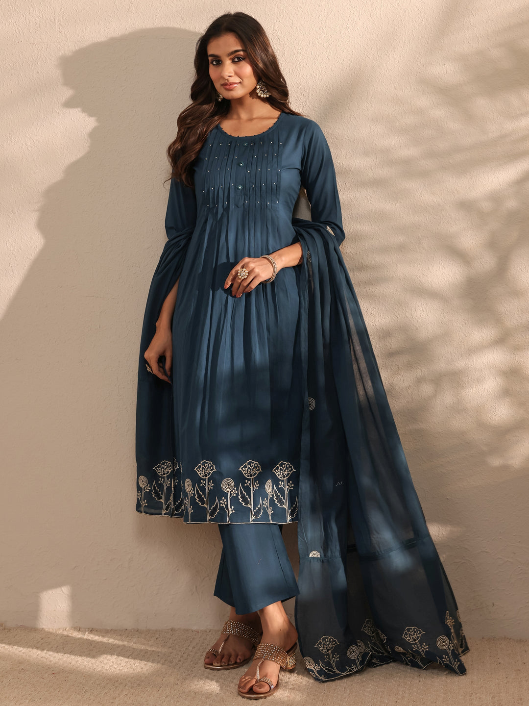 Teal Solid Embroidered Cotton A-Line Suit Set With Dupatta