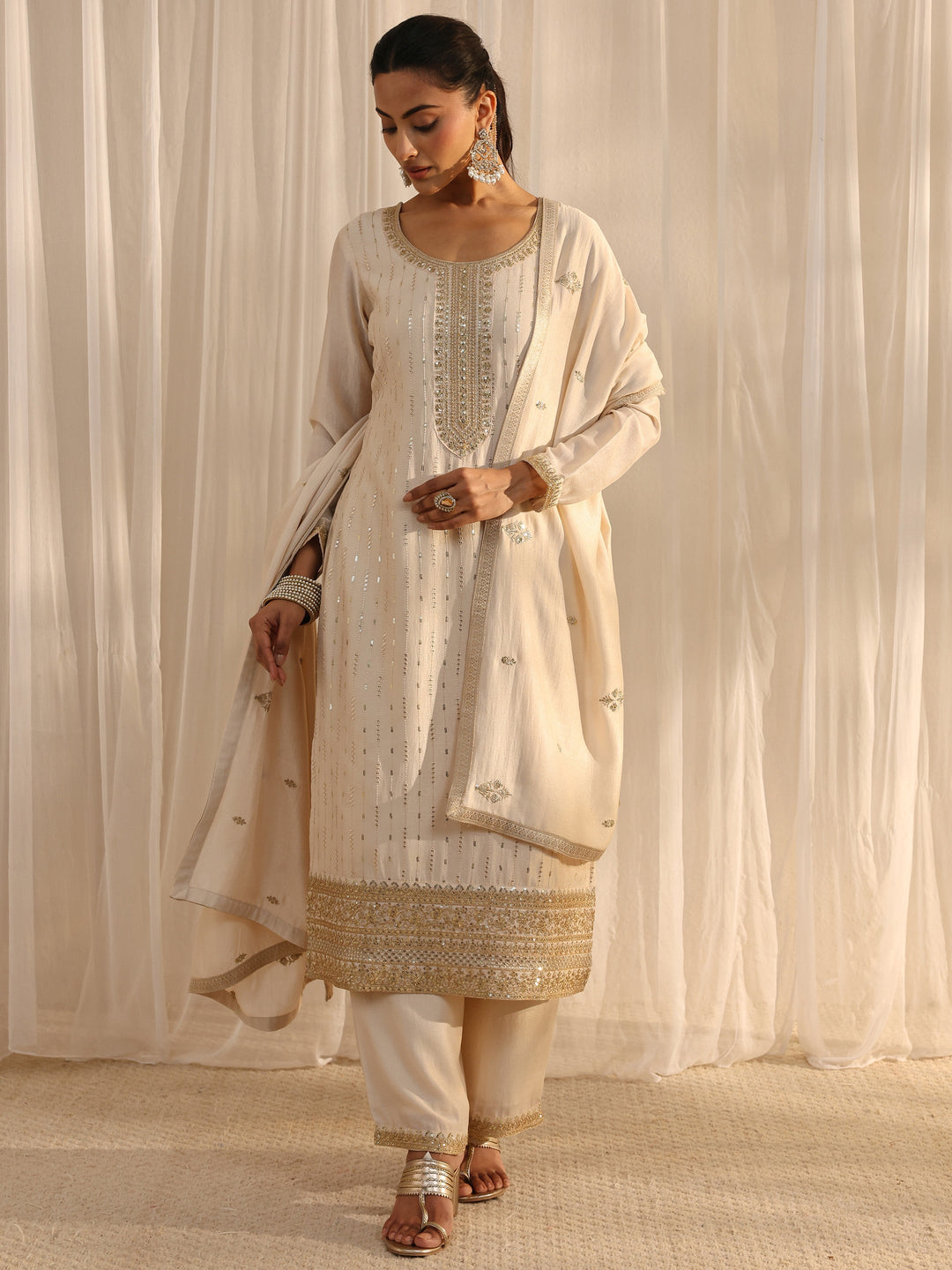 Ivory Embellished Silk Blend Straight Suit Set With Dupatta