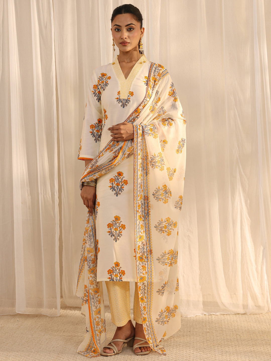 Off White Floral Printed Chanderi Silk Straight Suit Set With Dupatta