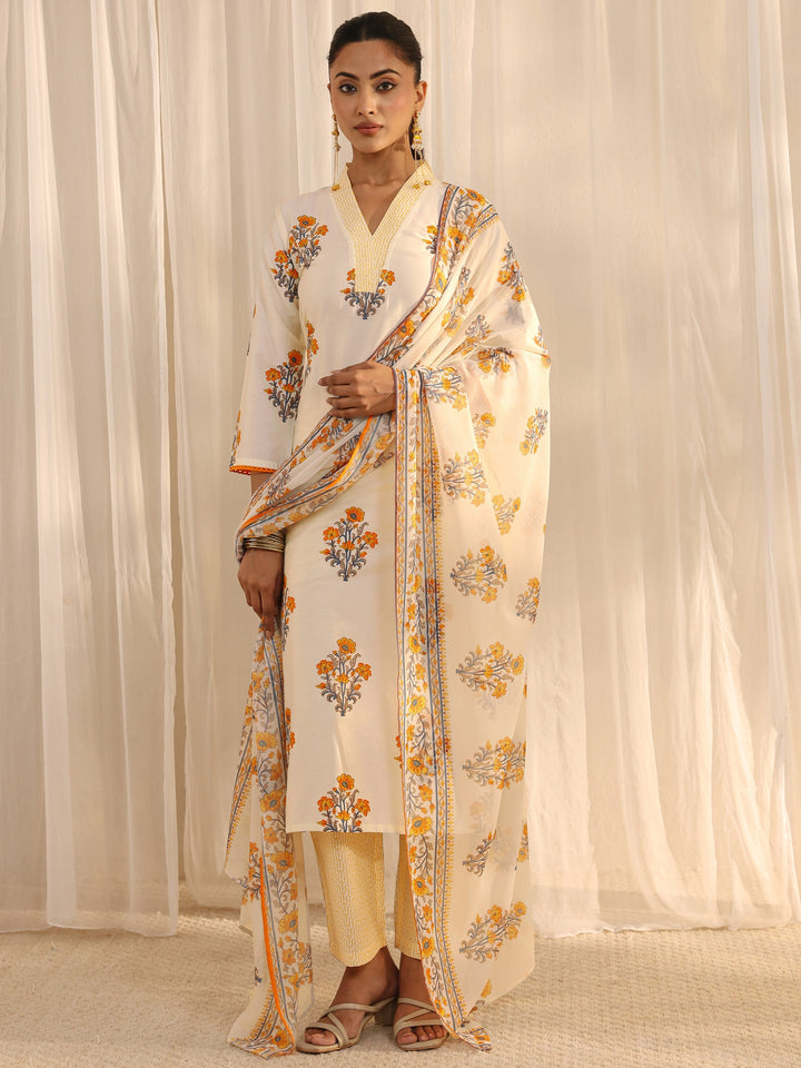 Off White Floral Printed Chanderi Silk Straight Suit Set With Dupatta