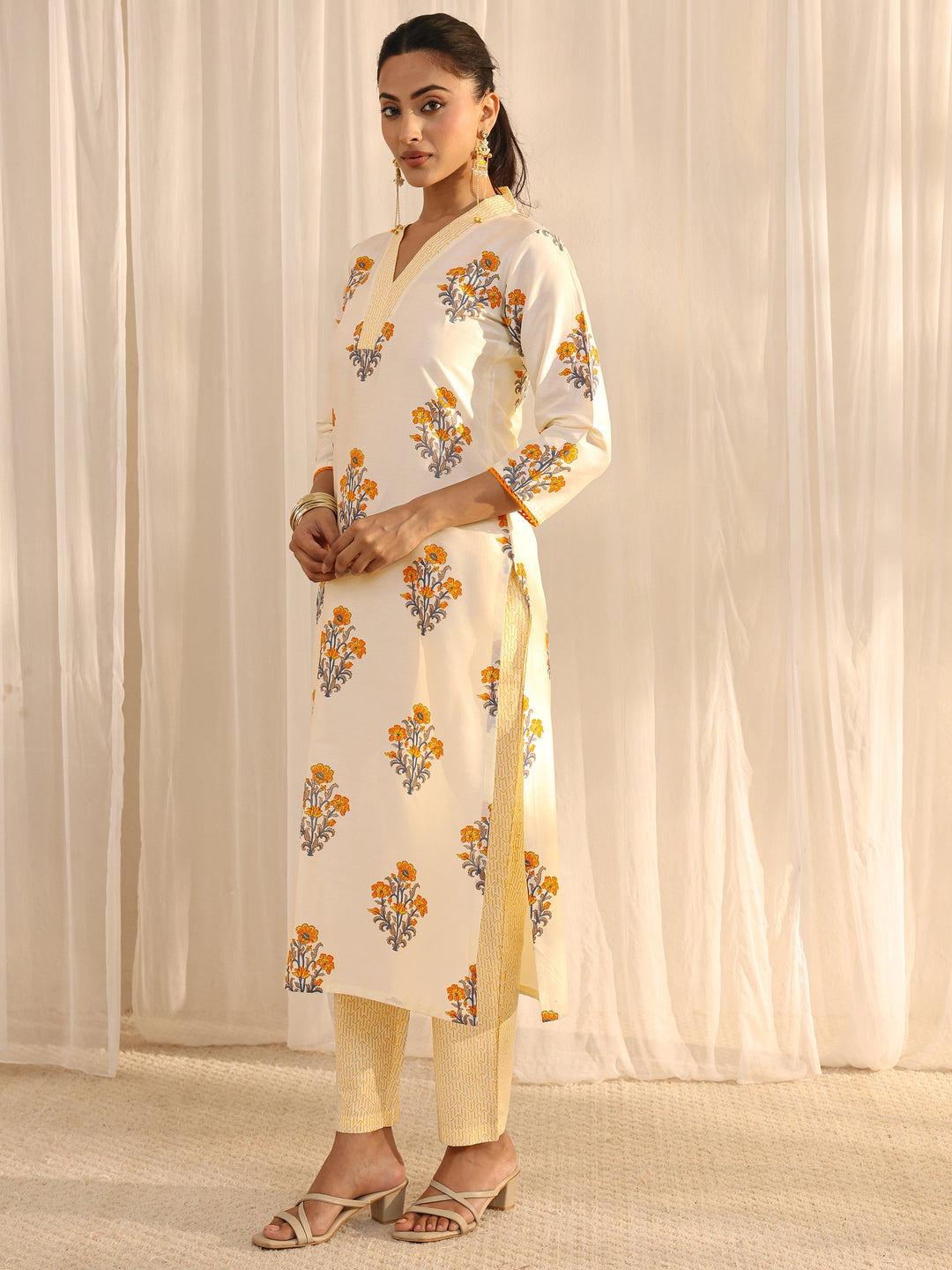 Off White Floral Printed Chanderi Silk Straight Suit Set With Dupatta