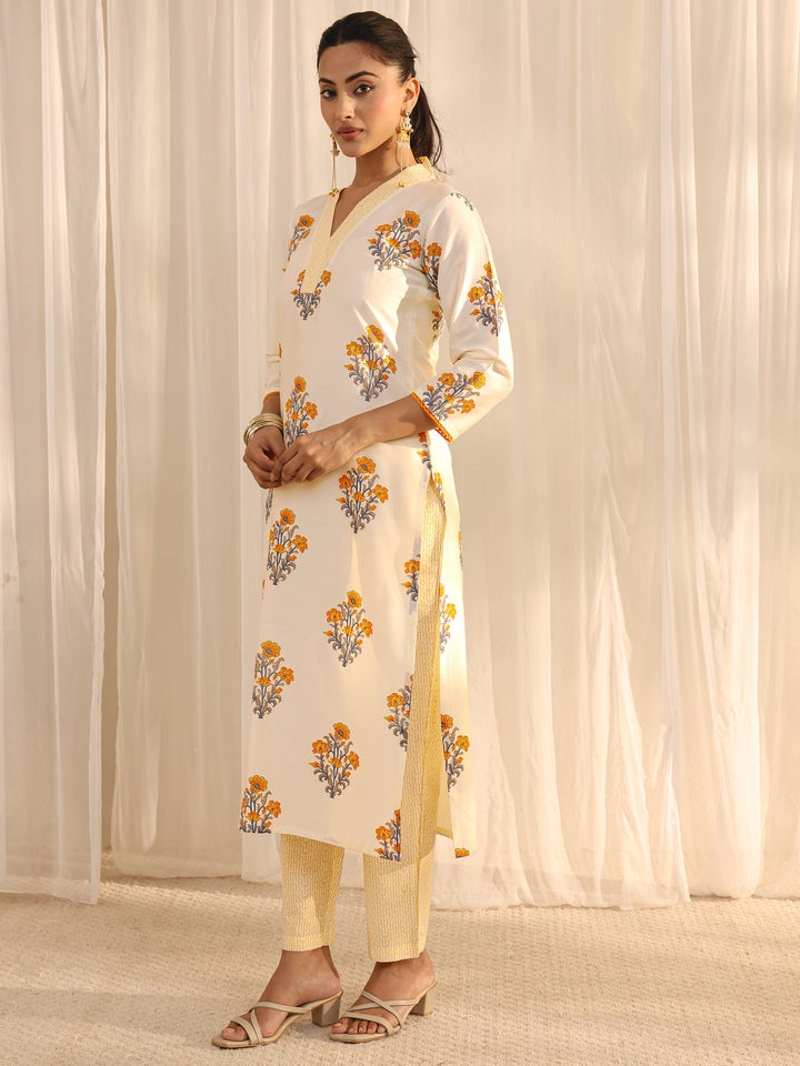 Off White Floral Printed Chanderi Silk Straight Suit Set With Dupatta