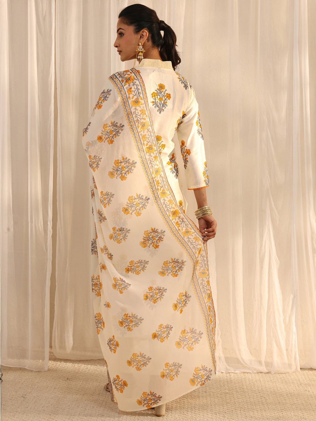 Off White Floral Printed Chanderi Silk Straight Suit Set With Dupatta