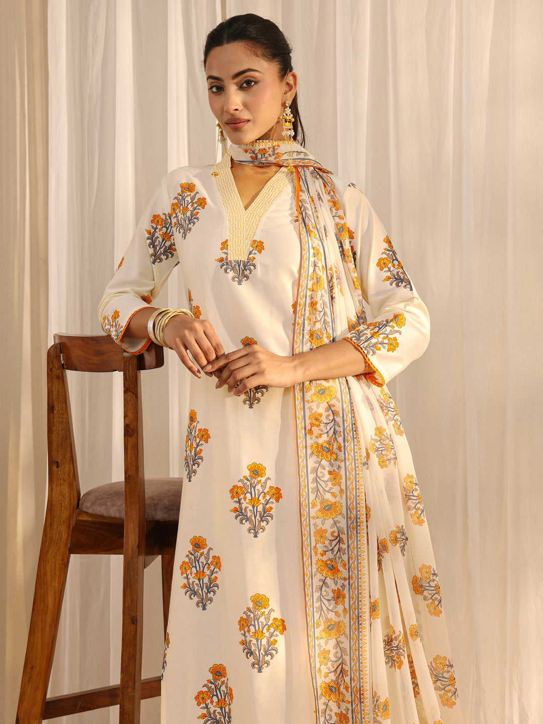 Off White Floral Printed Chanderi Silk Straight Suit Set With Dupatta