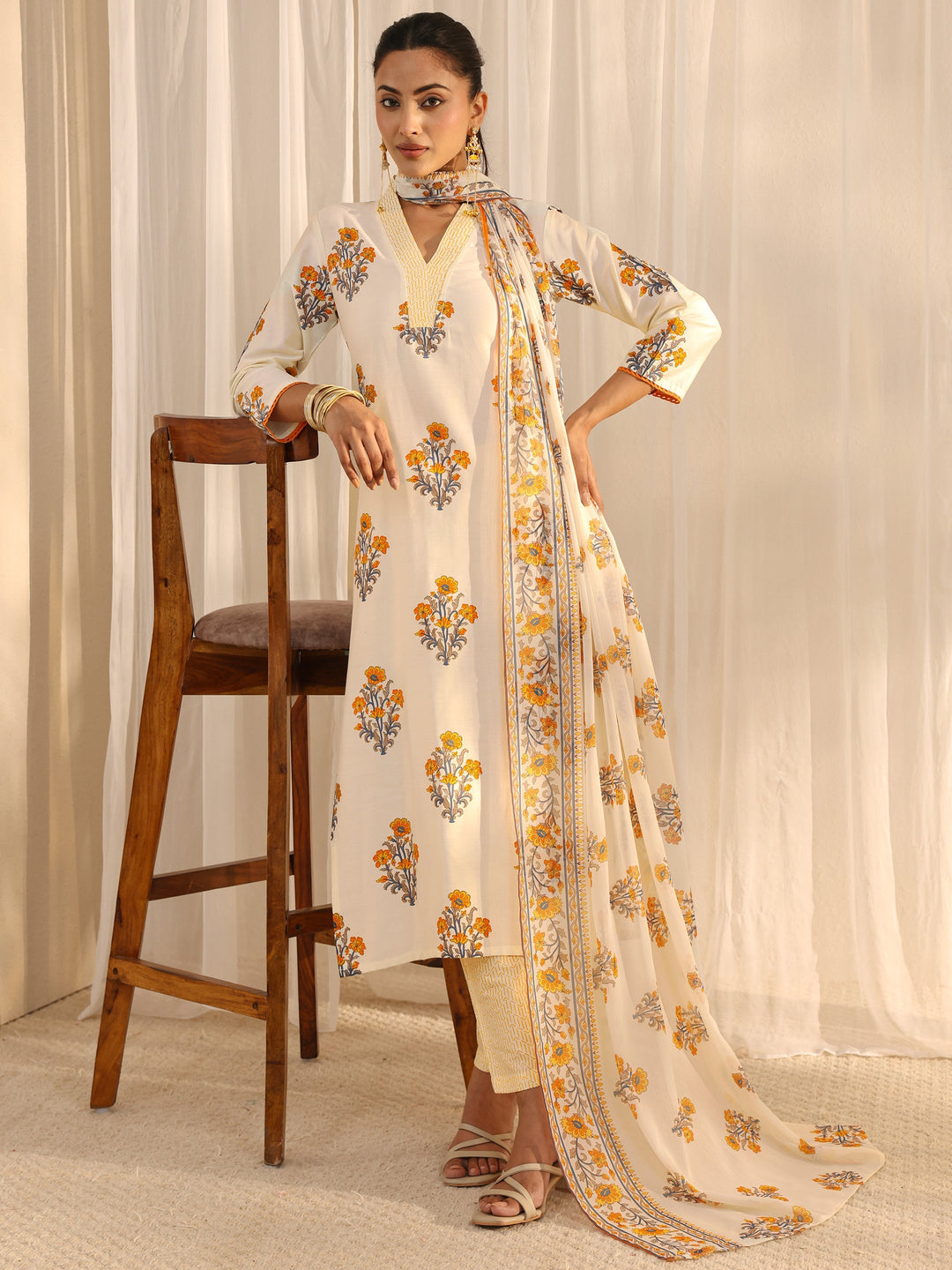 Off White Floral Printed Chanderi Silk Straight Suit Set With Dupatta