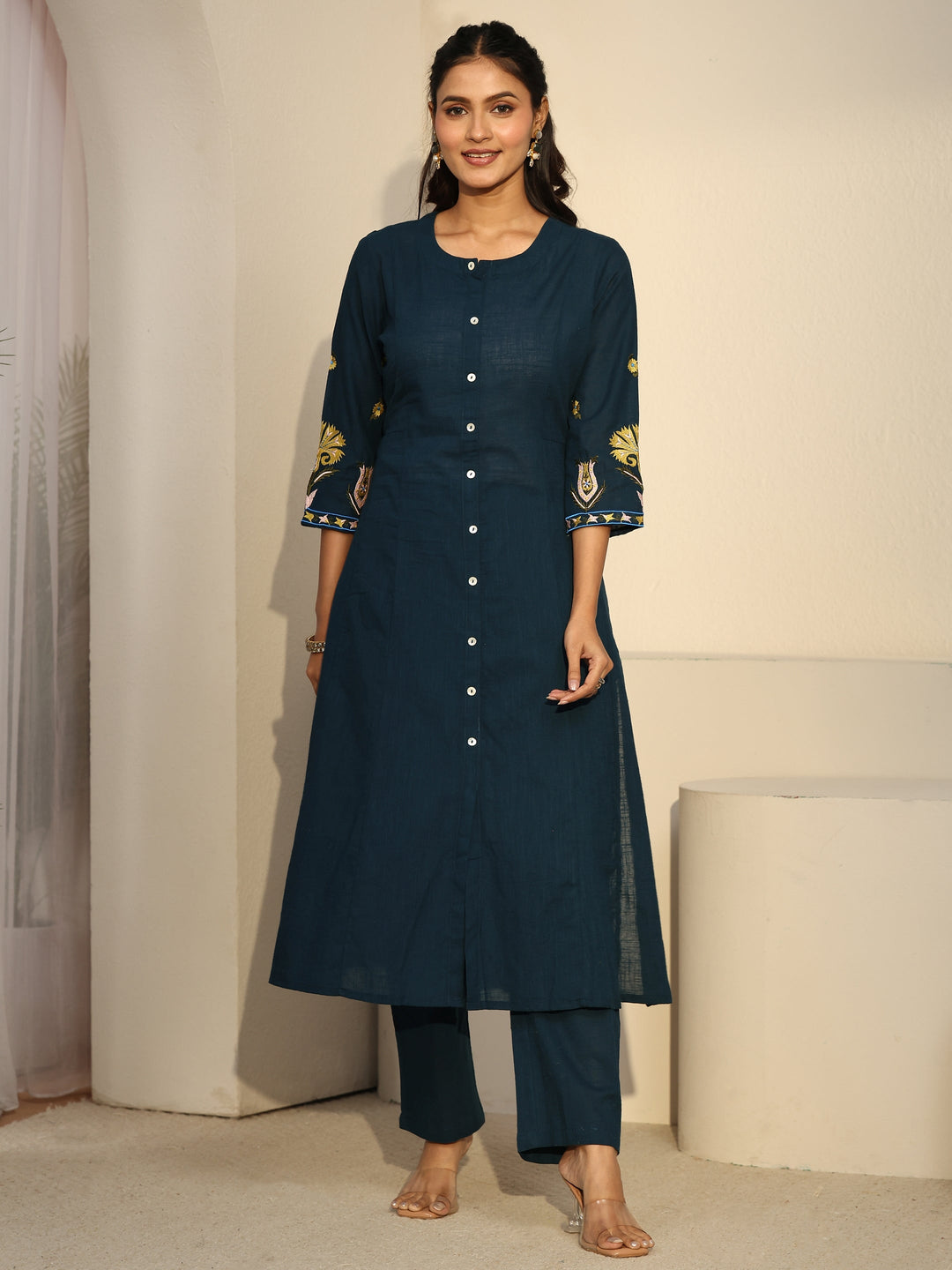 Libas Teal Blue Cotton A-line Kurta Set