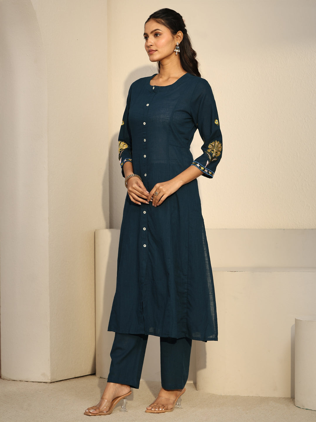 Libas Teal Blue Cotton A-line Kurta Set