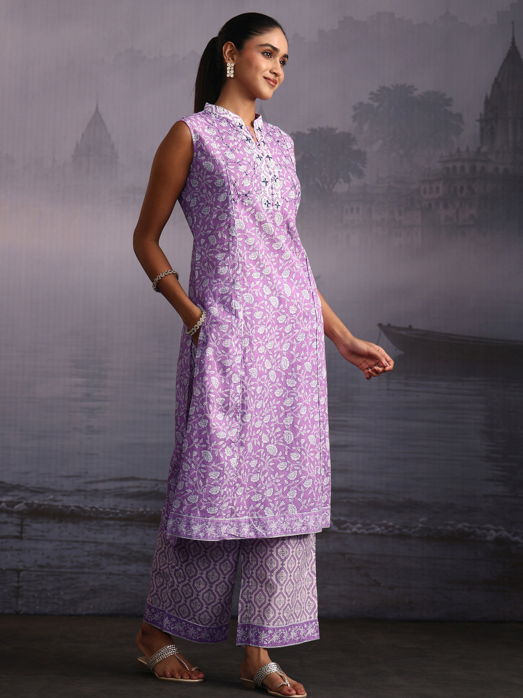 Libas Lavender Floral Printed Sleeveless Cotton Palazzo Suit Set