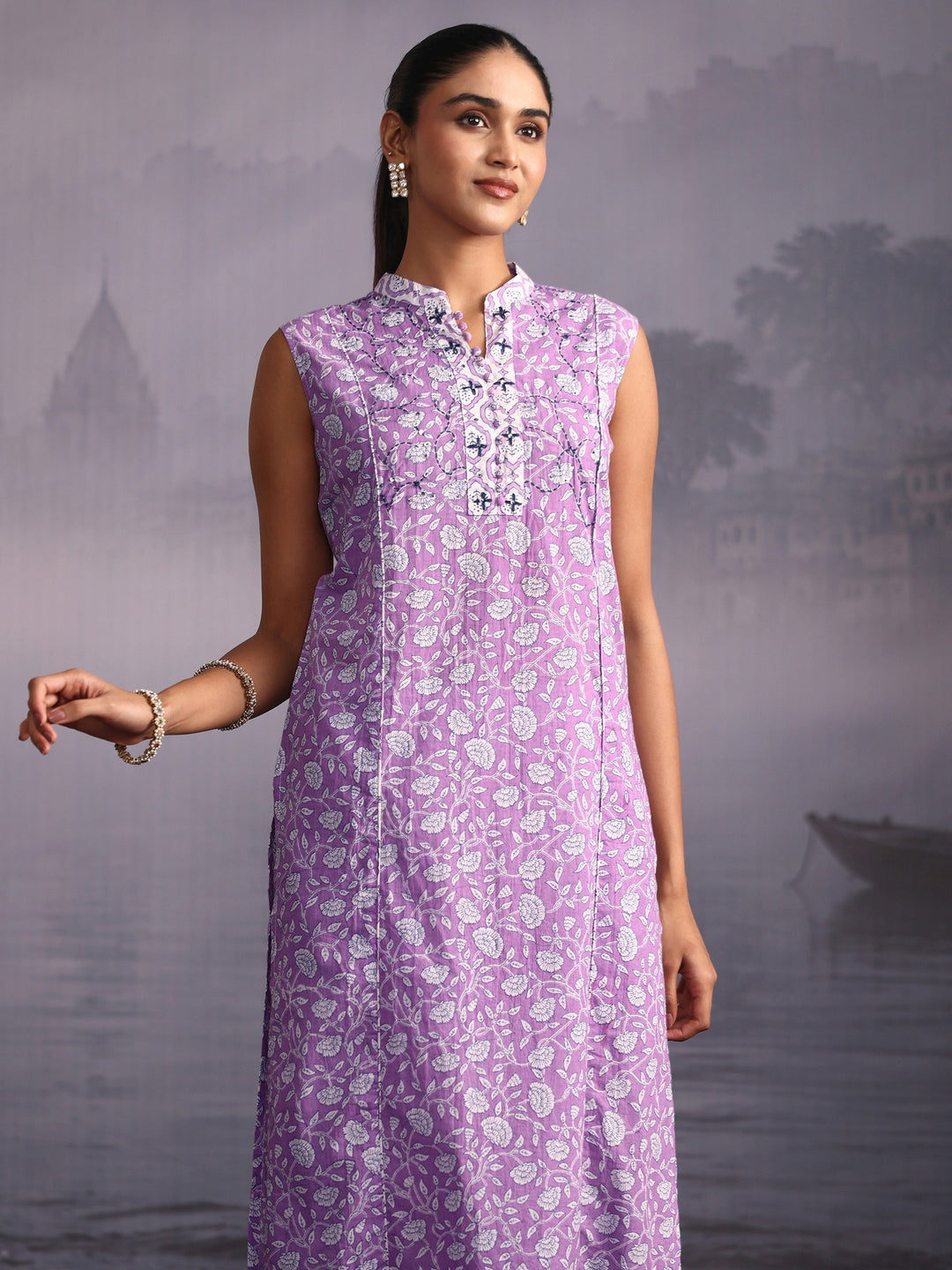 Libas Lavender Floral Printed Sleeveless Cotton Palazzo Suit Set