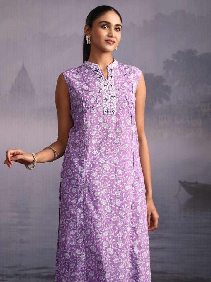Libas Lavender Floral Printed Sleeveless Cotton Palazzo Suit Set