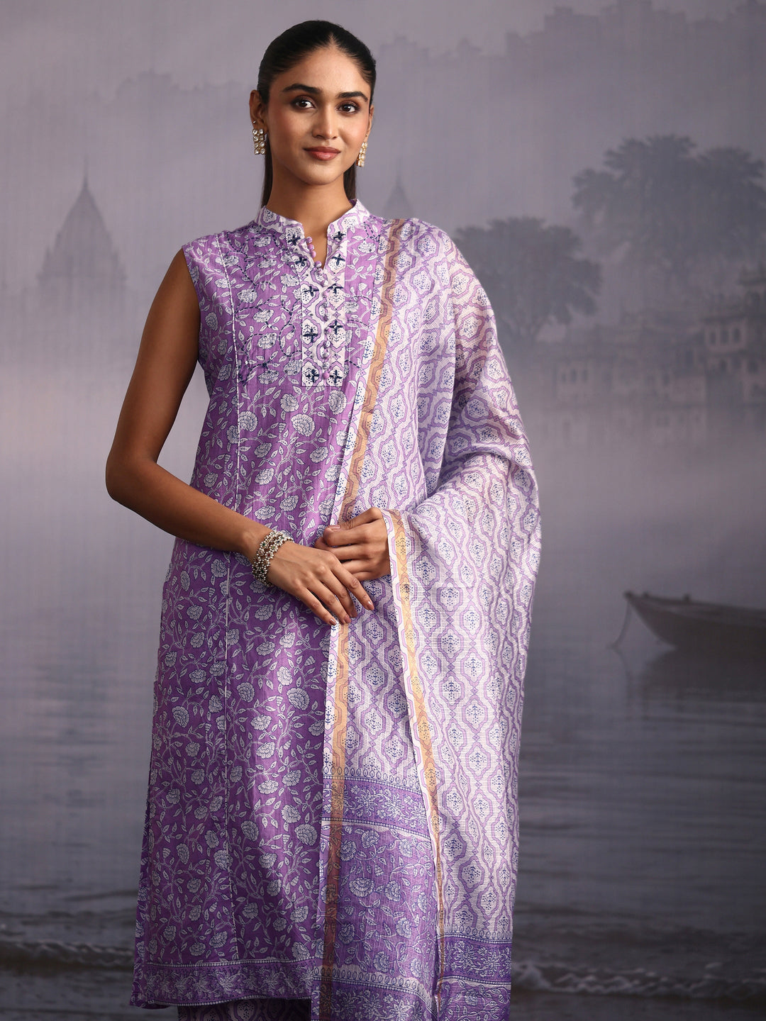 Libas Lavender Floral Printed Sleeveless Cotton Palazzo Suit Set