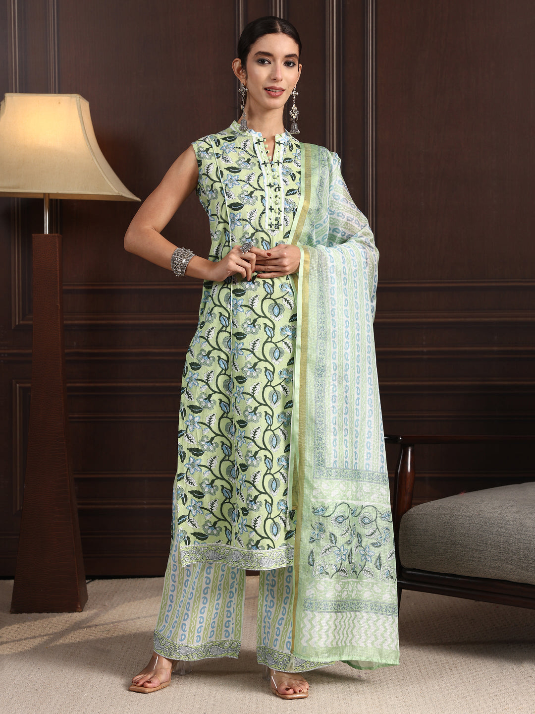 Libas Green Floral Printed Sleeveless Cotton Palazzo Suit Set