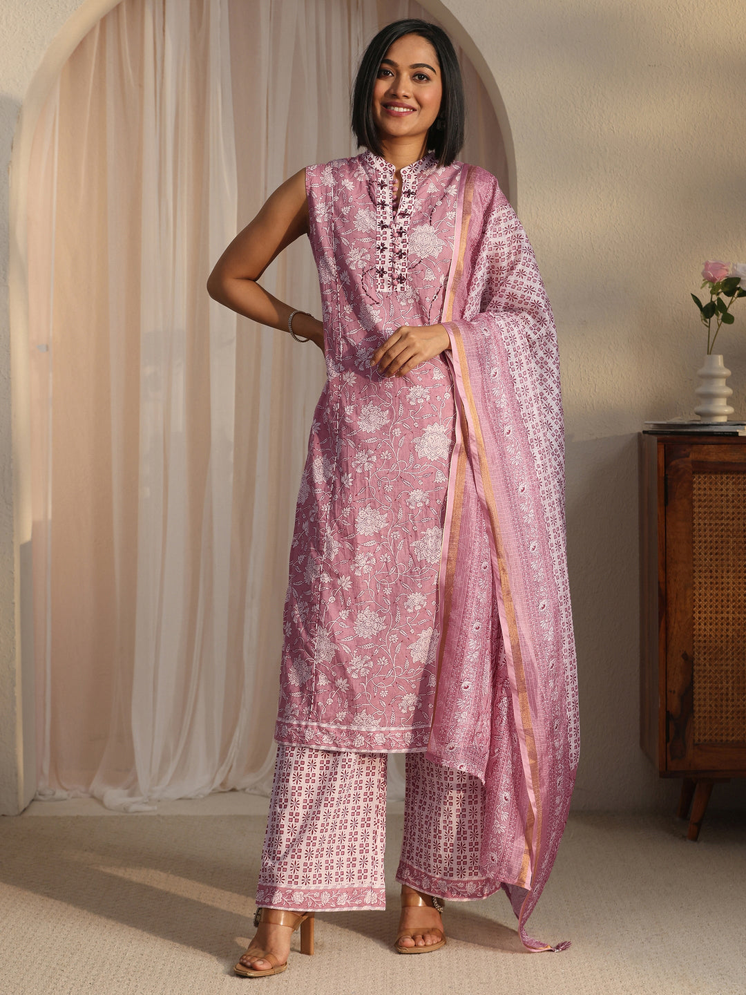 Libas Mauve Floral Printed Sleeveless Cotton Straight Suit Set