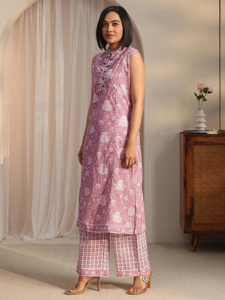 Libas Mauve Floral Printed Sleeveless Cotton Straight Suit Set