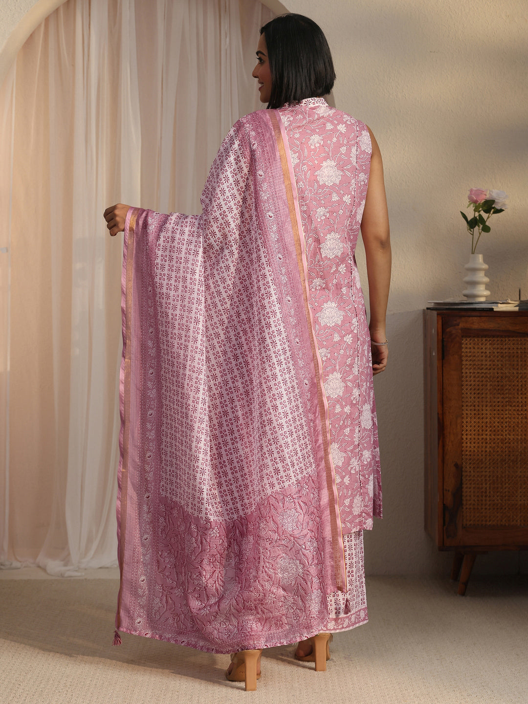 Libas Mauve Floral Printed Sleeveless Cotton Straight Suit Set