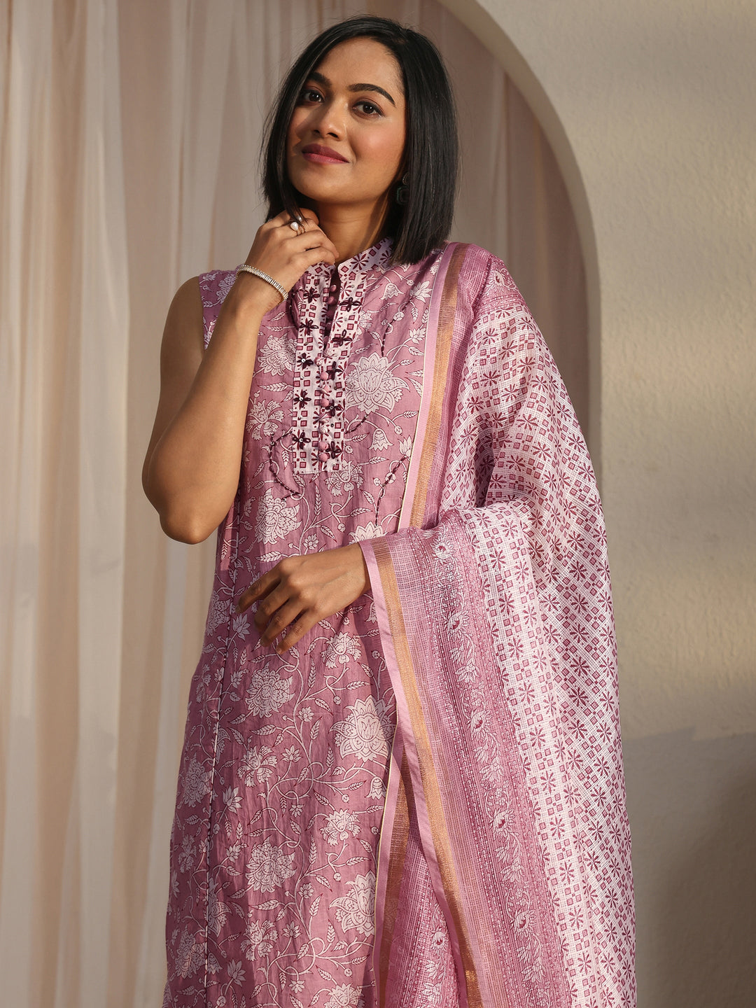 Libas Mauve Floral Printed Sleeveless Cotton Straight Suit Set