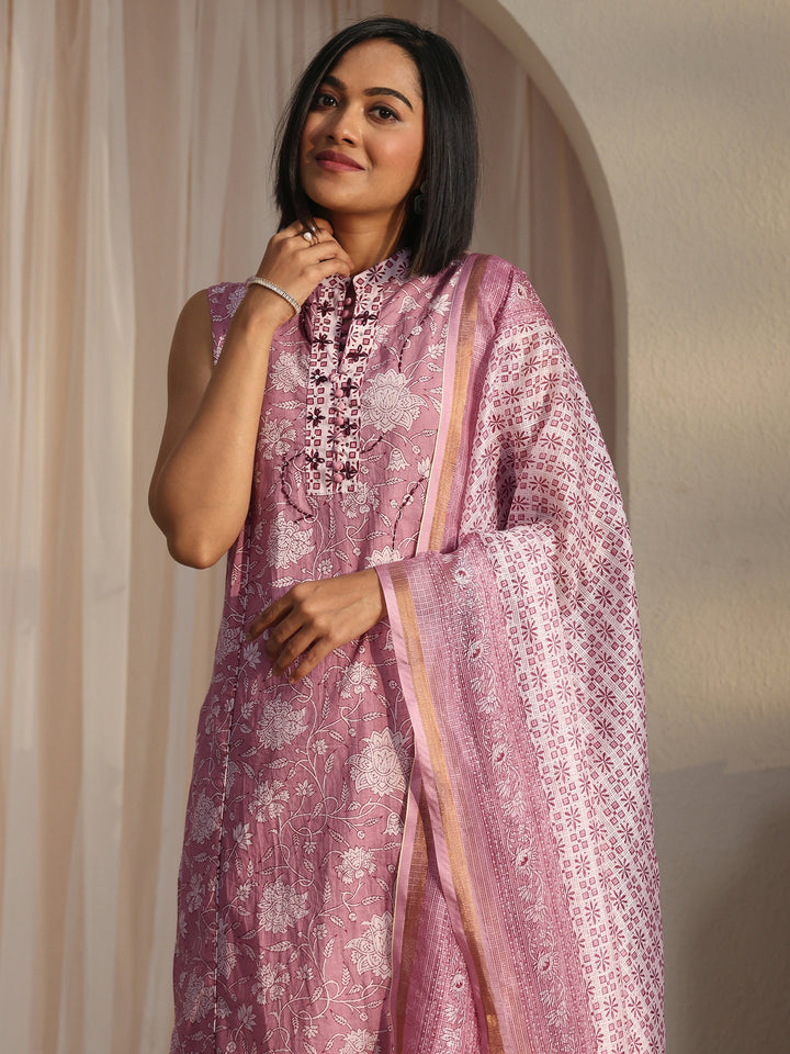 Libas Mauve Floral Printed Sleeveless Cotton Straight Suit Set