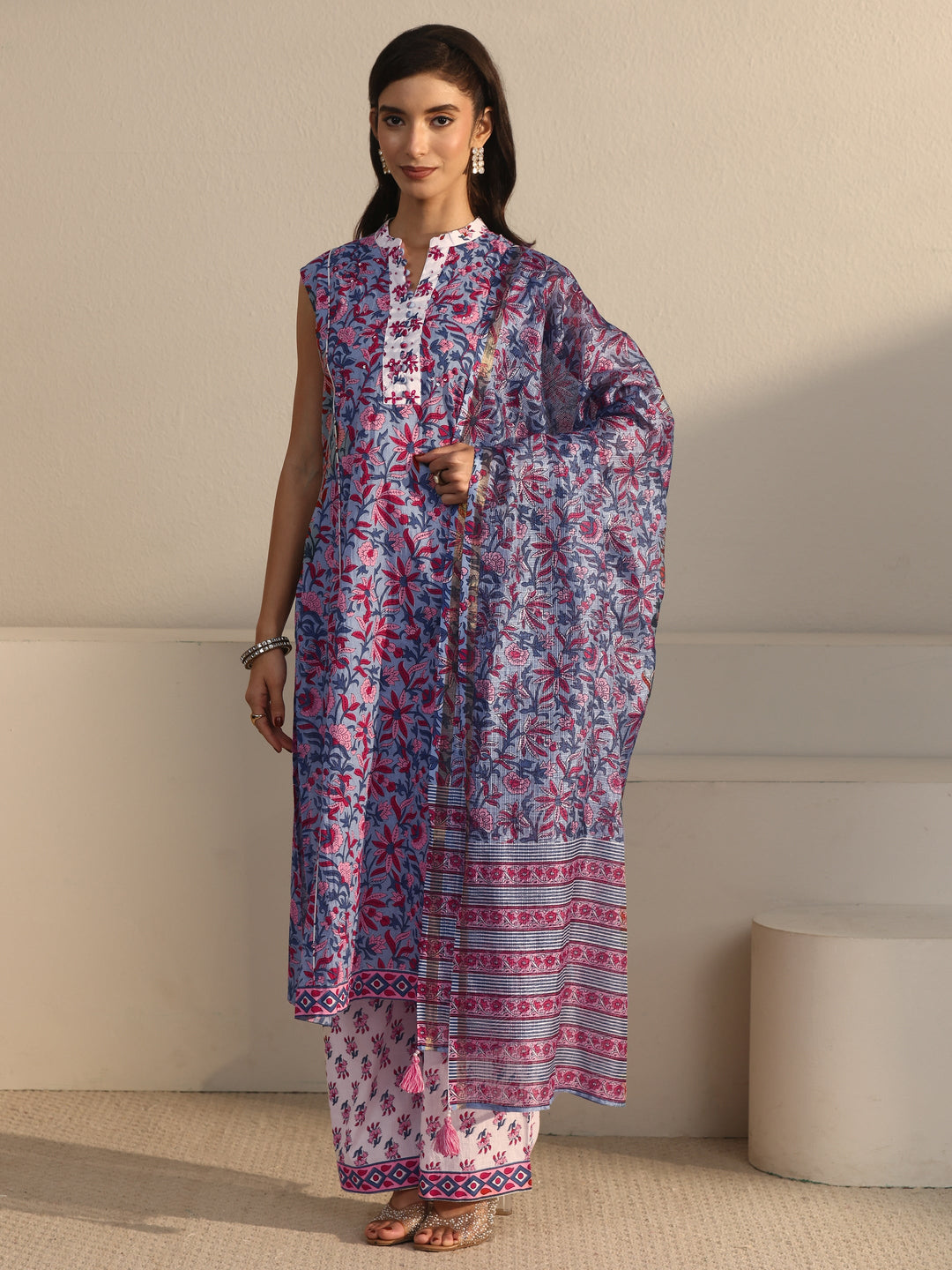 Libas Blue Floral Printed Sleeveless Cotton Straight Suit Set
