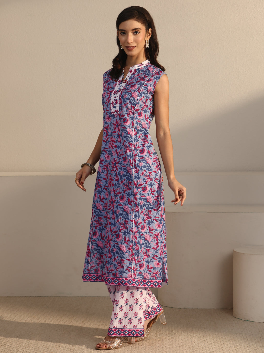 Libas Blue Floral Printed Sleeveless Cotton Straight Suit Set