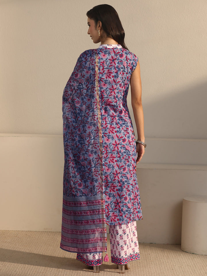 Libas Blue Floral Printed Sleeveless Cotton Straight Suit Set