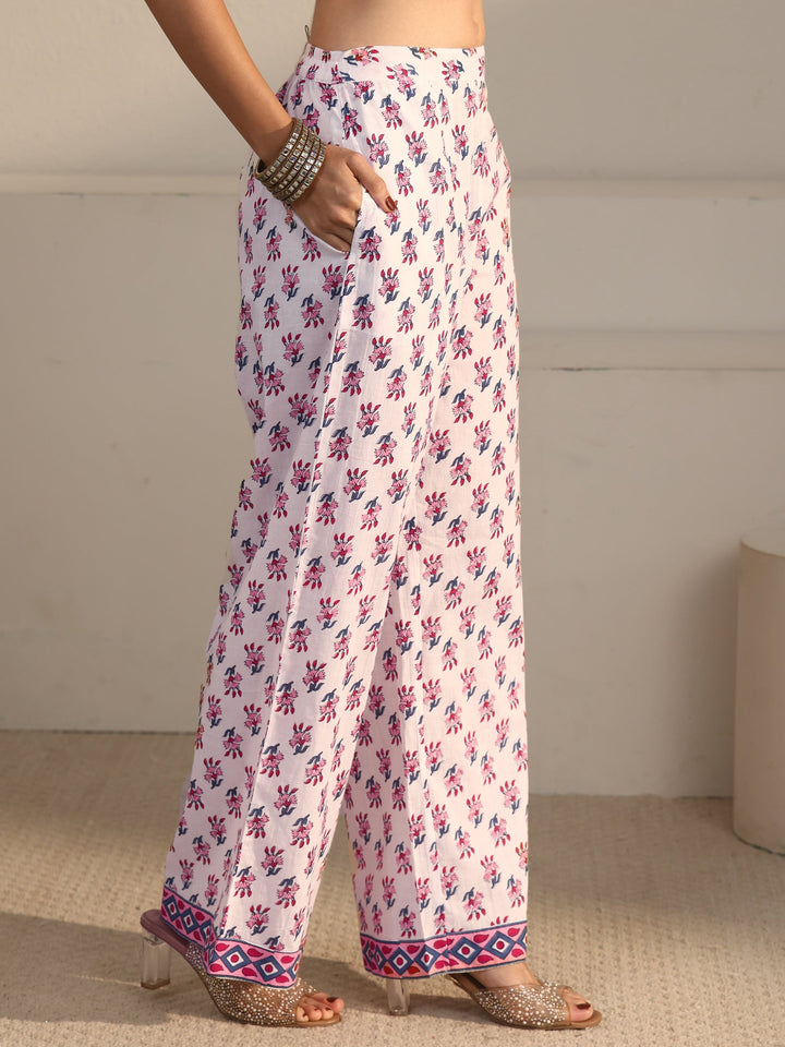 Libas Blue Floral Printed Sleeveless Cotton Straight Suit Set
