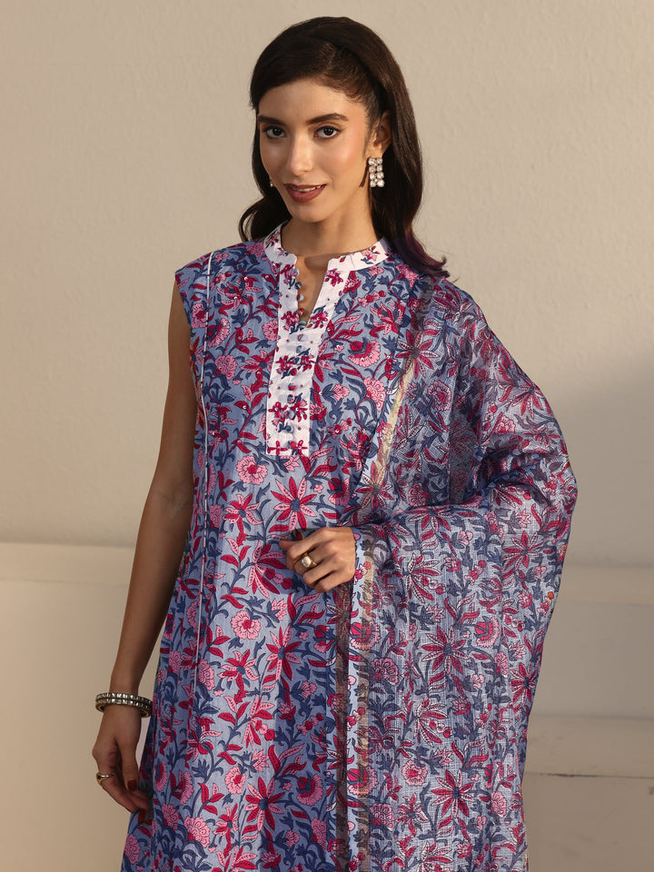 Libas Blue Floral Printed Sleeveless Cotton Straight Suit Set