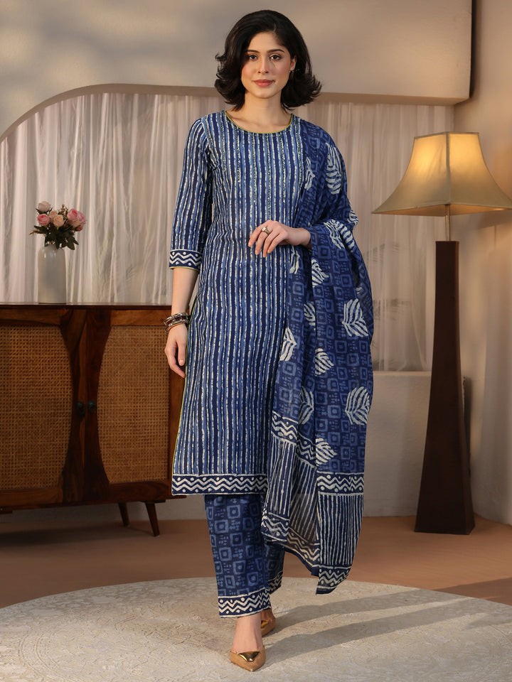 Libas Blue Striped Printed Cotton Straight Suit Set