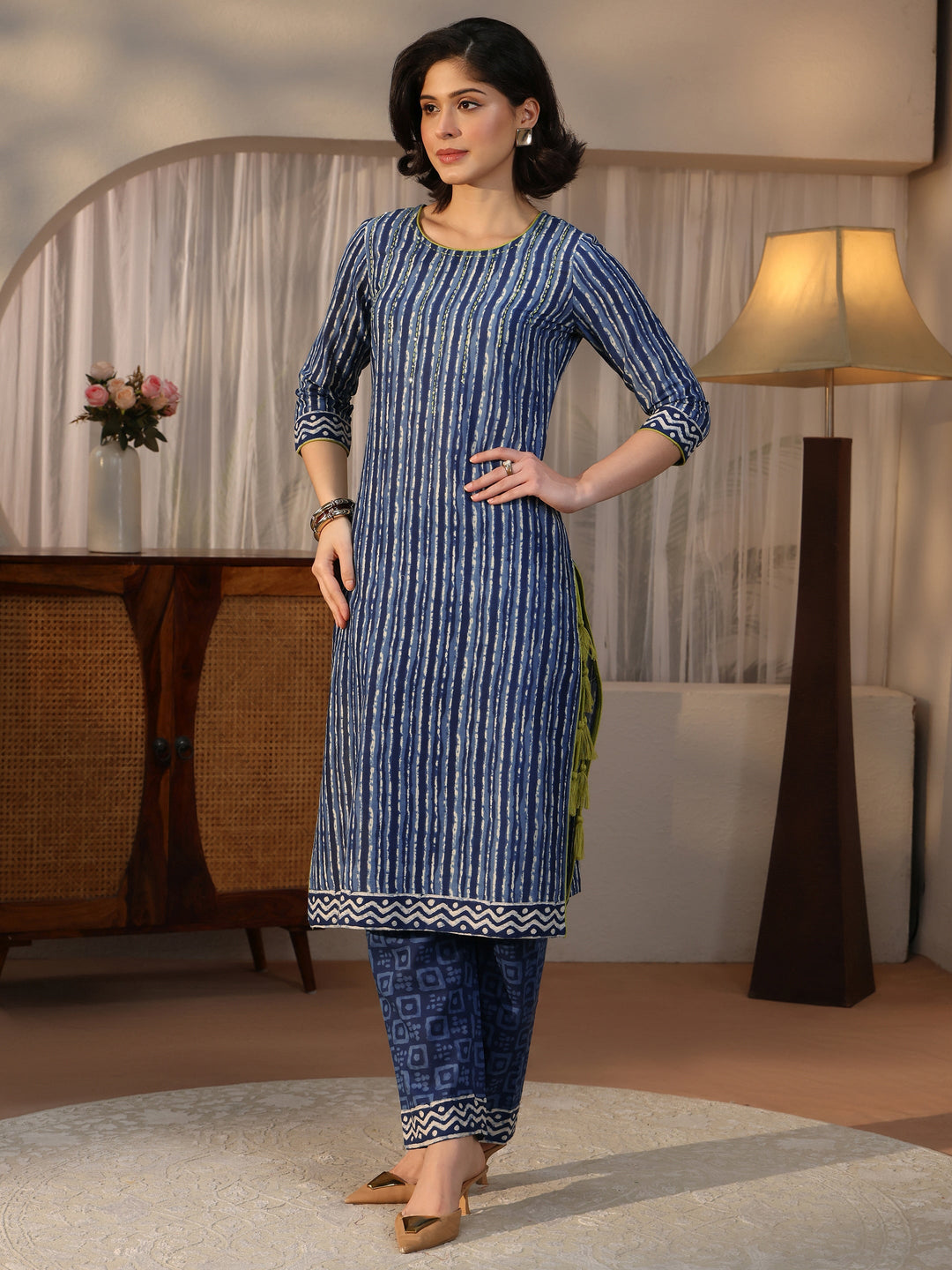 Libas Blue Striped Printed Cotton Straight Suit Set