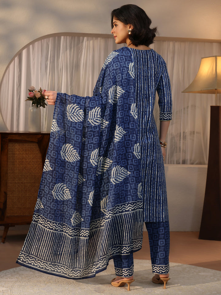 Libas Blue Striped Printed Cotton Straight Suit Set