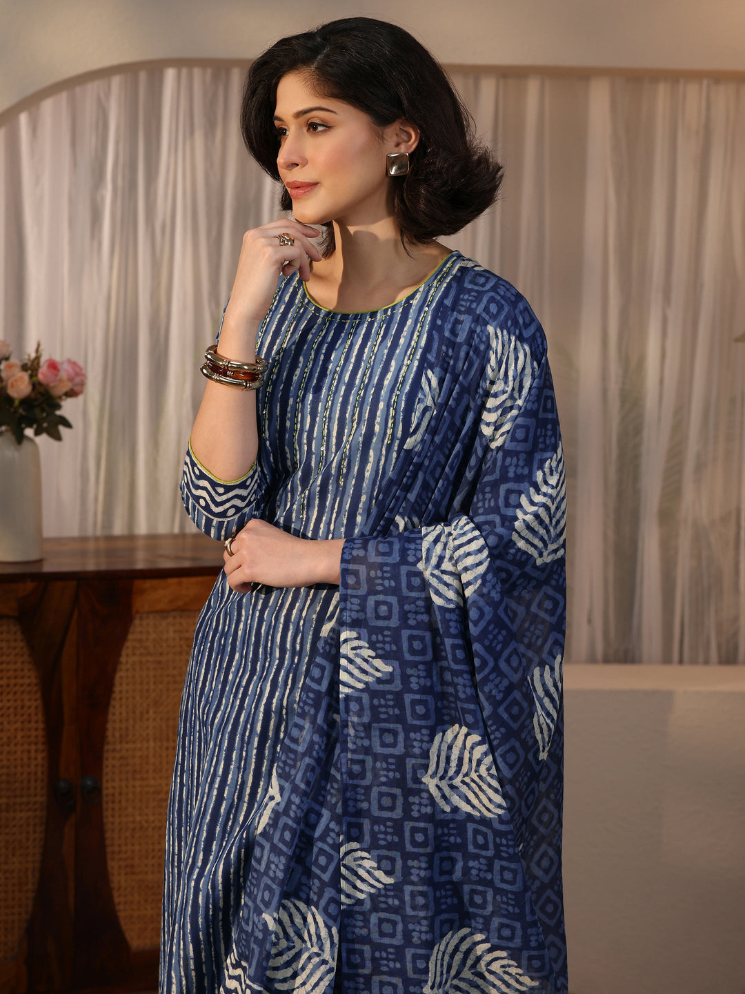 Libas Blue Striped Printed Cotton Straight Suit Set