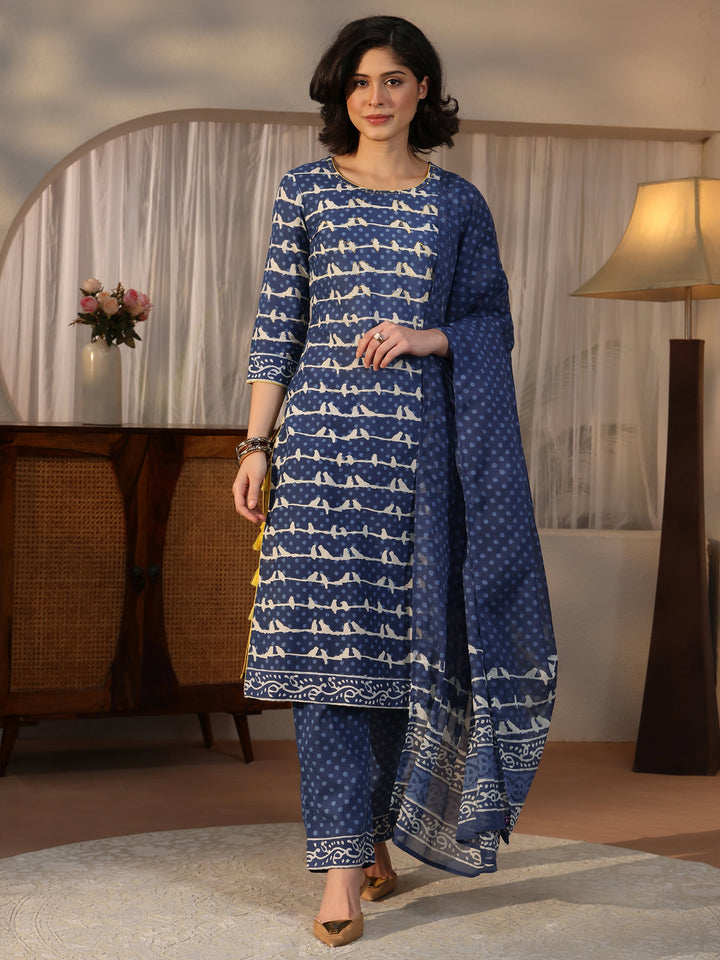 Libas Blue Ethnic Printed Cotton Straight Suit Set
