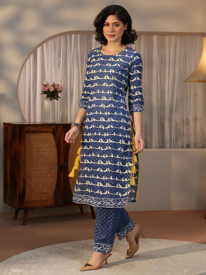Libas Blue Ethnic Printed Cotton Straight Suit Set