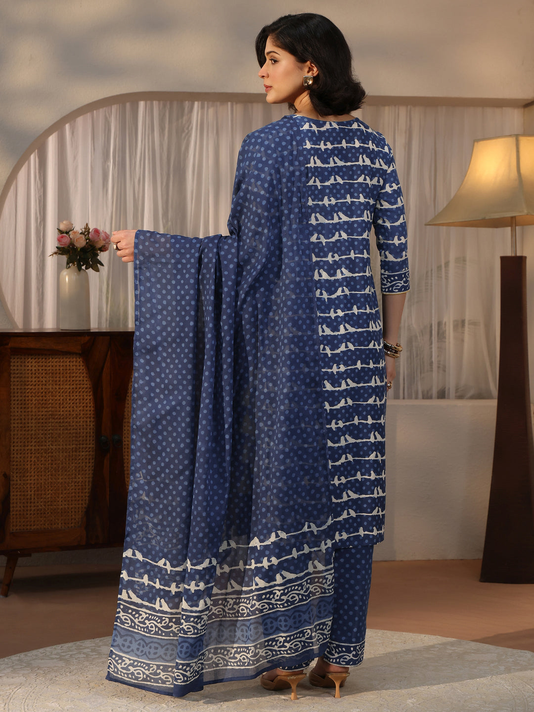 Libas Blue Ethnic Printed Cotton Straight Suit Set