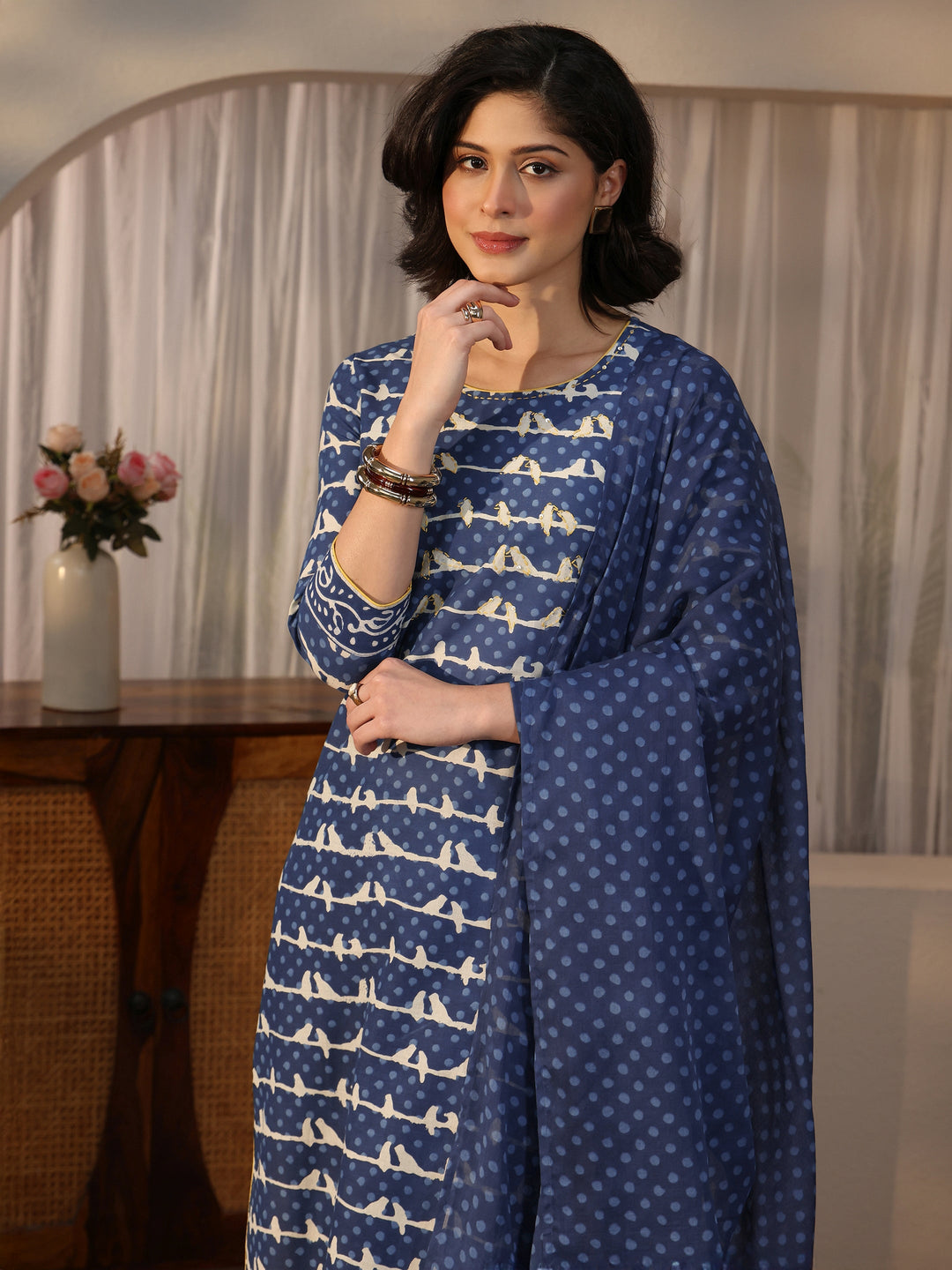 Libas Blue Ethnic Printed Cotton Straight Suit Set