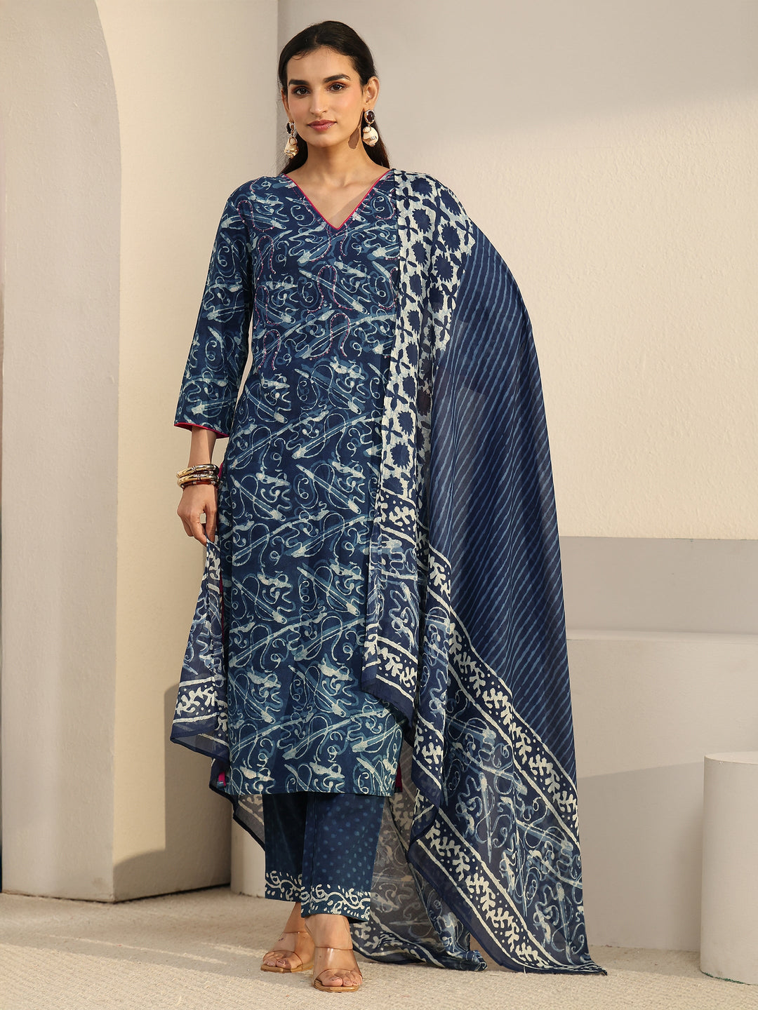 Libas Blue Abstract Printed Cotton Straight Suit Set