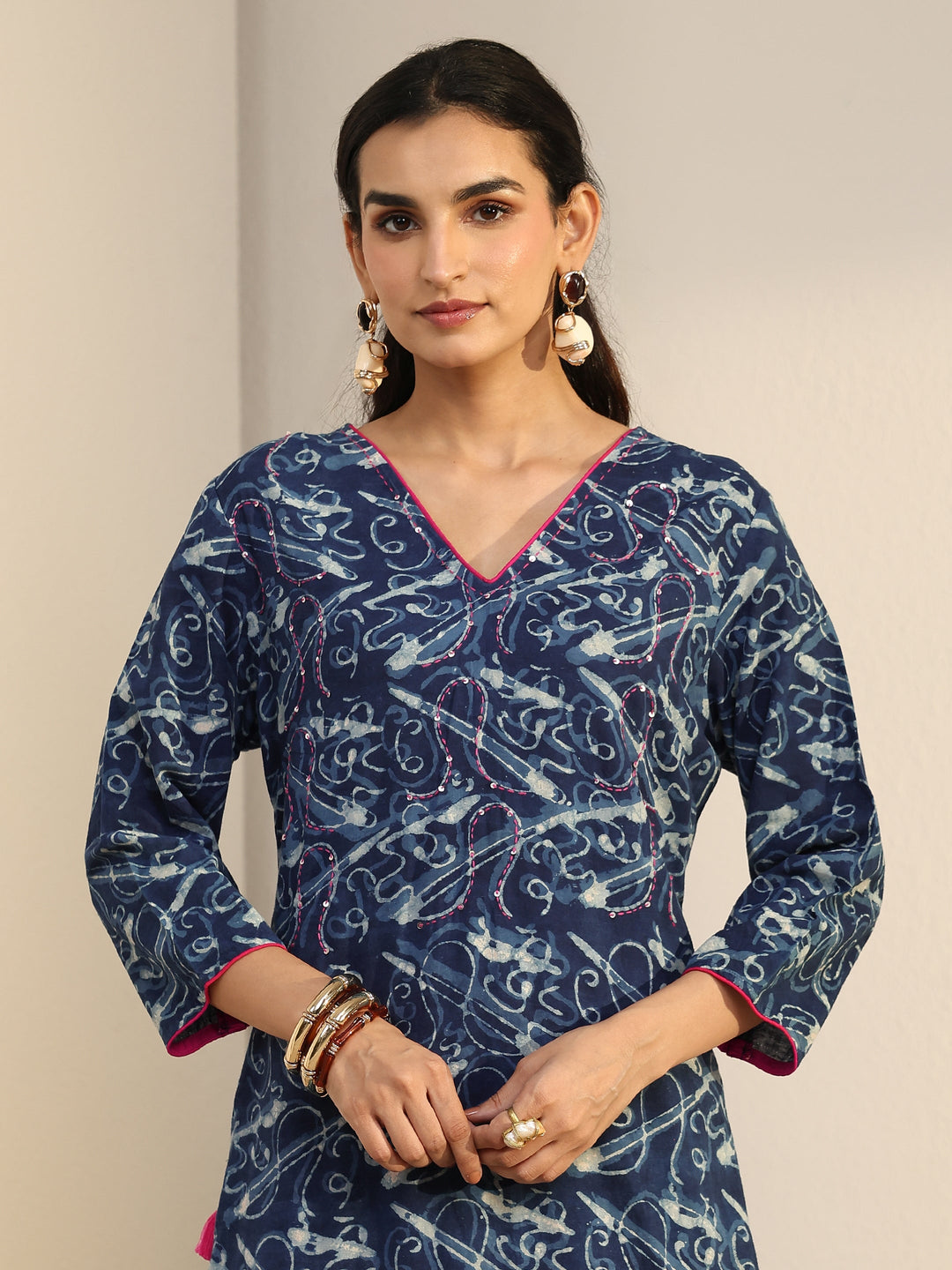 Libas Blue Abstract Printed Cotton Straight Suit Set