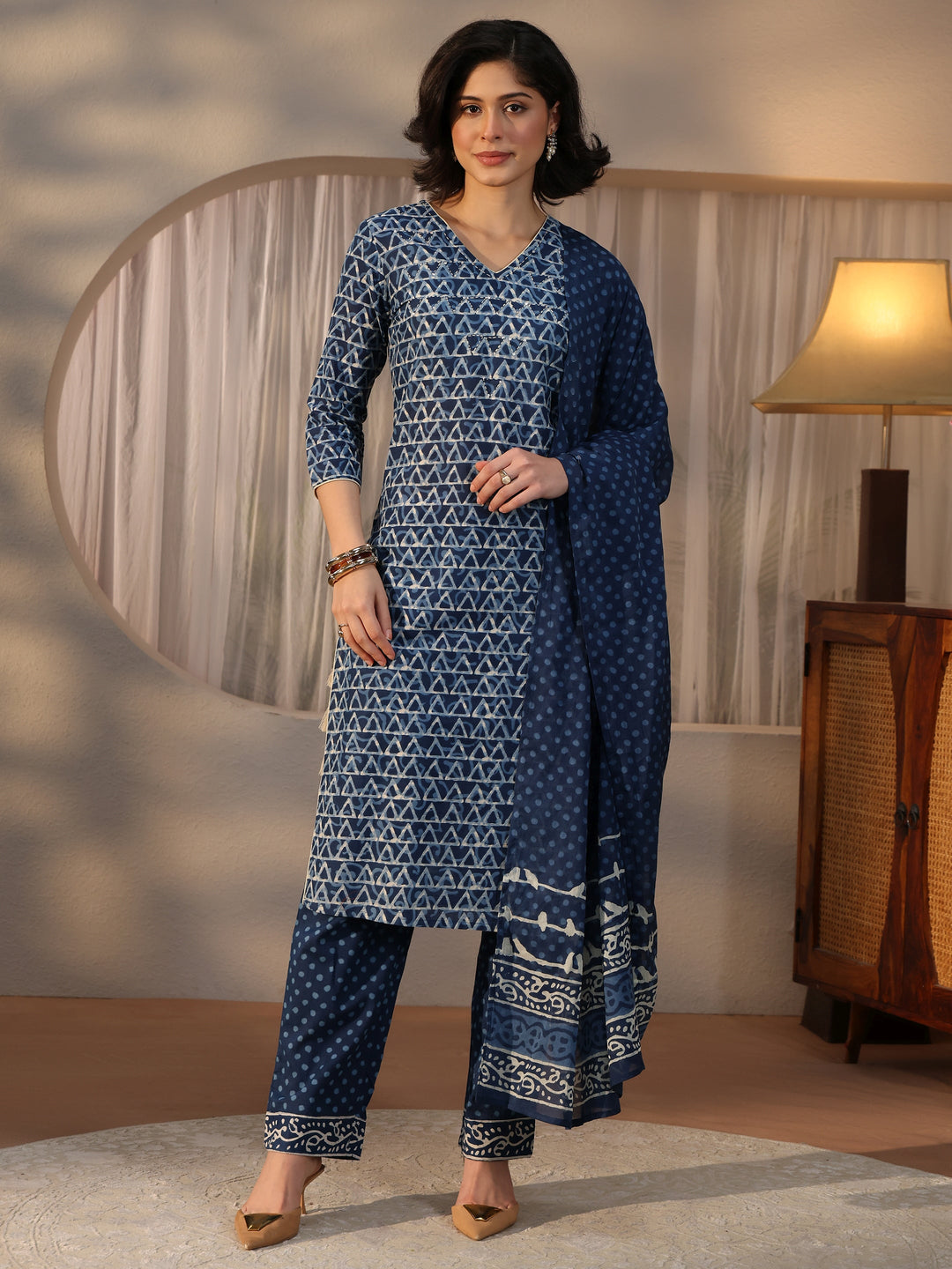 Libas Indigo Blue Geometric Printed Cotton Straight Suit Set