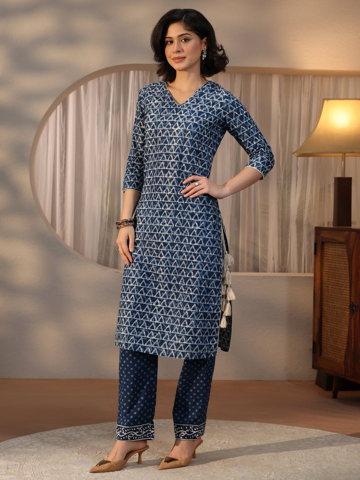 Libas Indigo Blue Geometric Printed Cotton Straight Suit Set