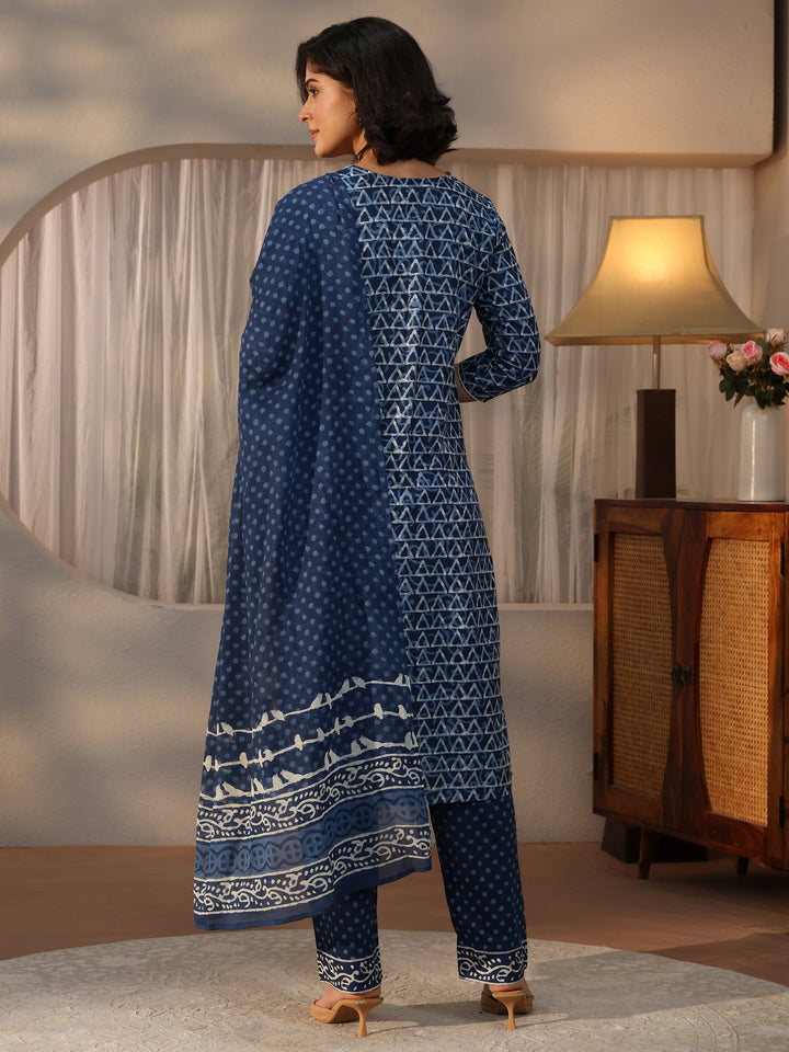 Libas Indigo Blue Geometric Printed Cotton Straight Suit Set
