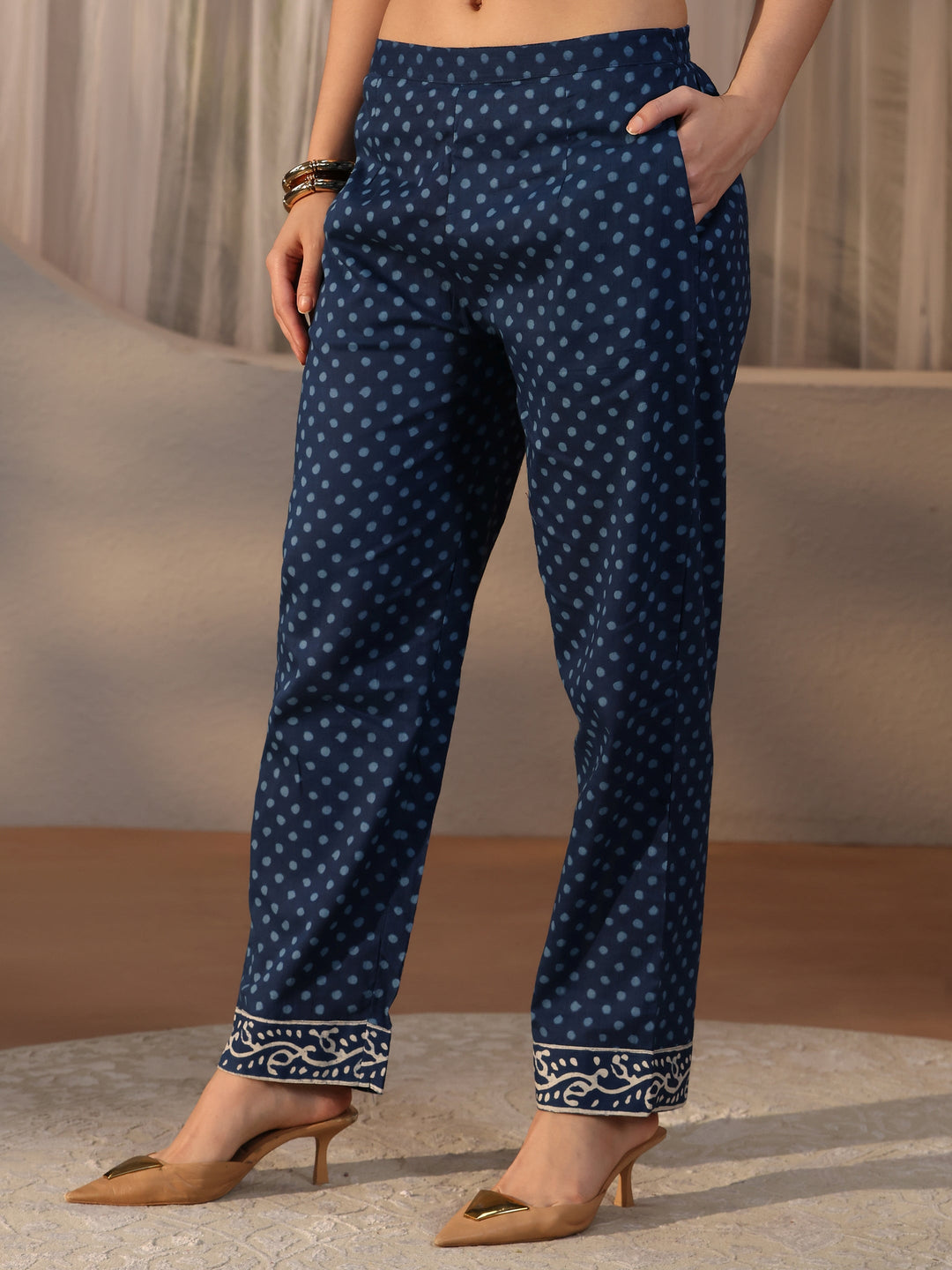 Libas Indigo Blue Geometric Printed Cotton Straight Suit Set