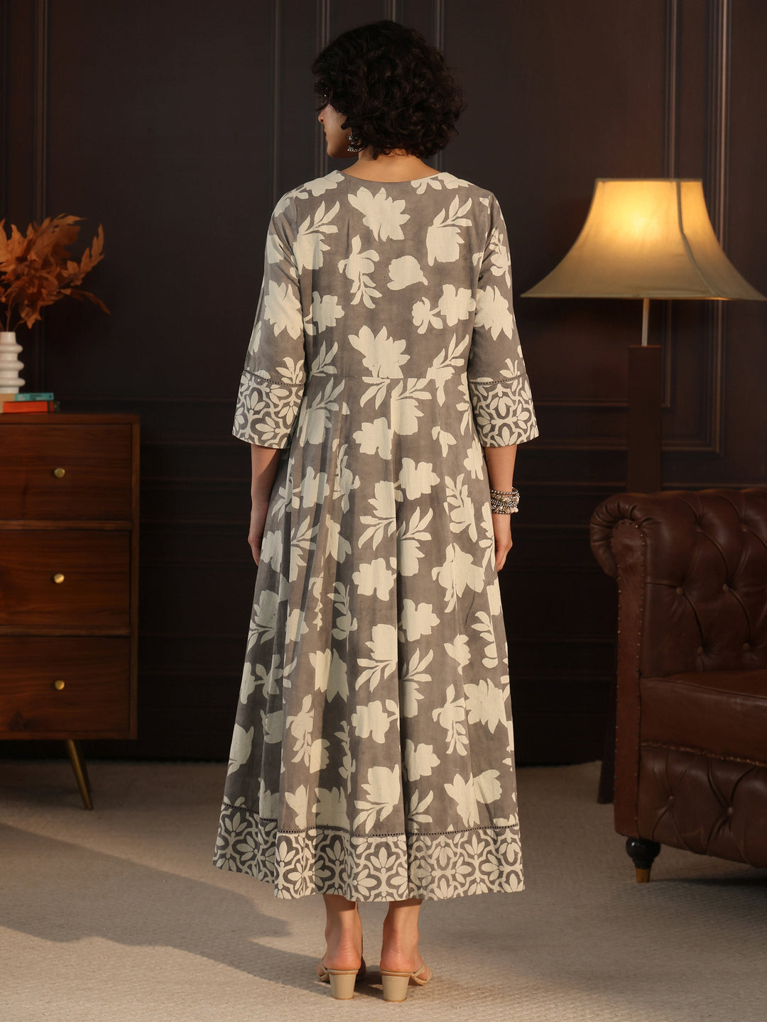 Libas Grey Floral Printed Cotton Straight Kurta with Long Shrug