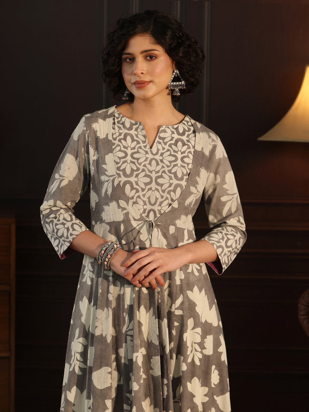 Libas Grey Floral Printed Cotton Straight Kurta with Long Shrug