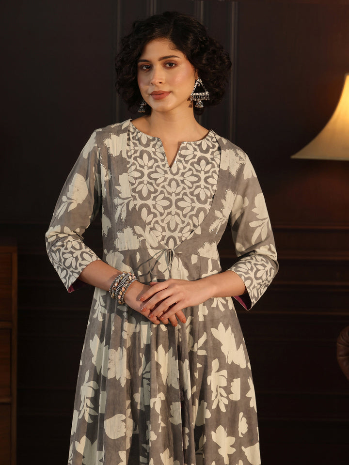 Libas Grey Floral Printed Cotton Straight Kurta with Long Shrug