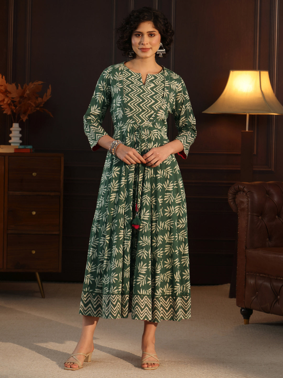 Libas Green Printed Cotton Straight Kurta with Long Shrug