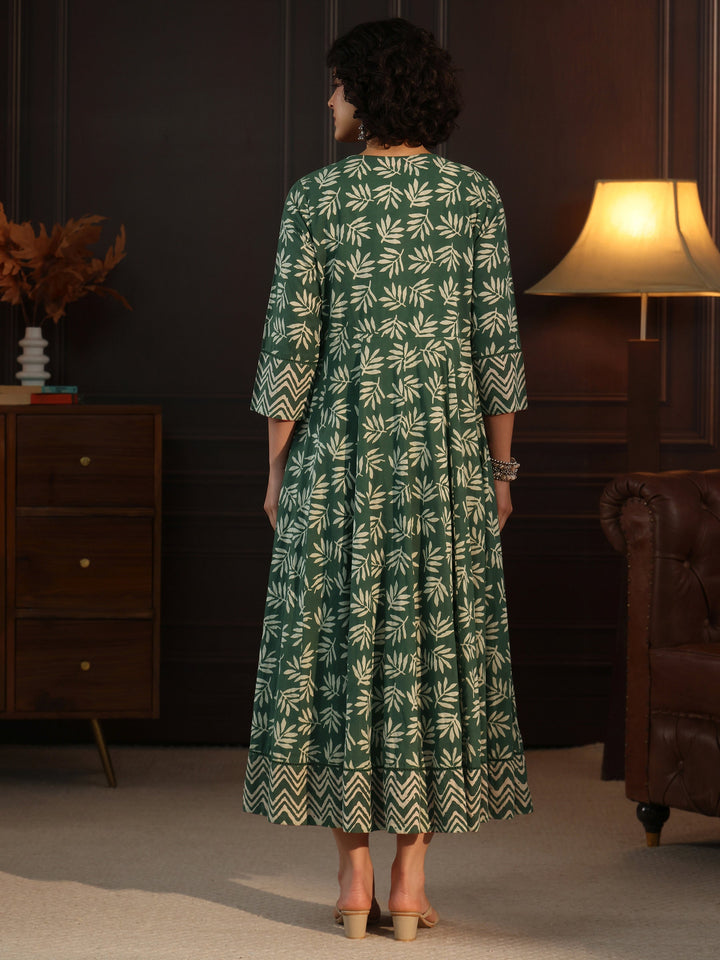 Libas Green Printed Cotton Straight Kurta with Long Shrug