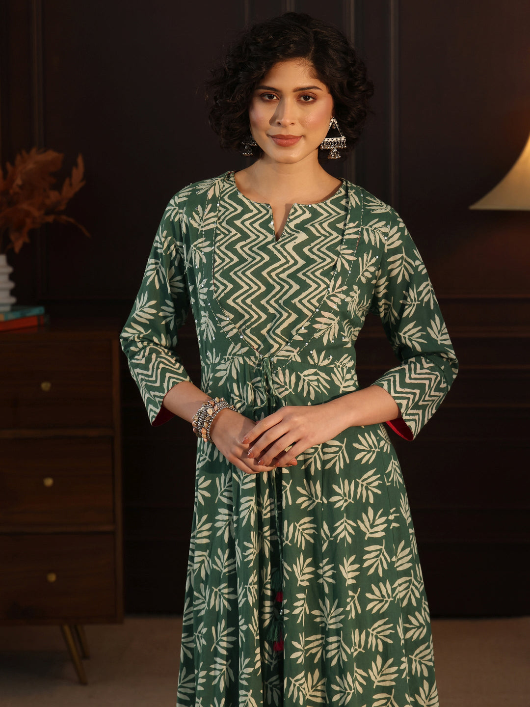 Libas Green Printed Cotton Straight Kurta with Long Shrug
