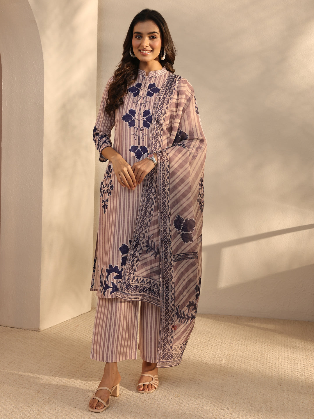 Off White Striped Printed Cotton Blend Straight Suits Set With Dupatta
