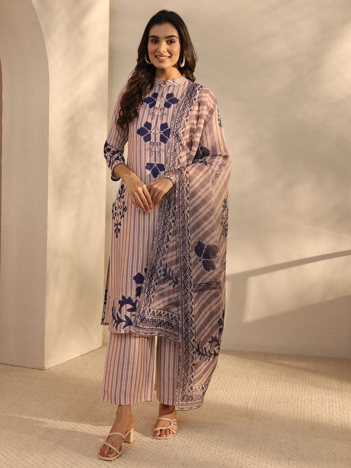 Off White Striped Printed Cotton Blend Straight Suits Set With Dupatta