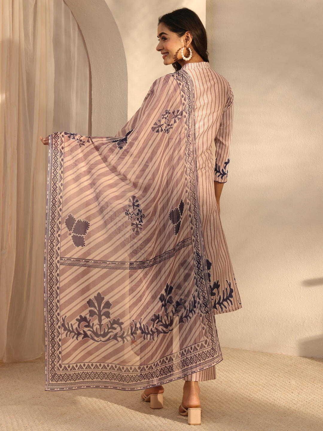 Off White Striped Printed Cotton Blend Straight Suits Set With Dupatta